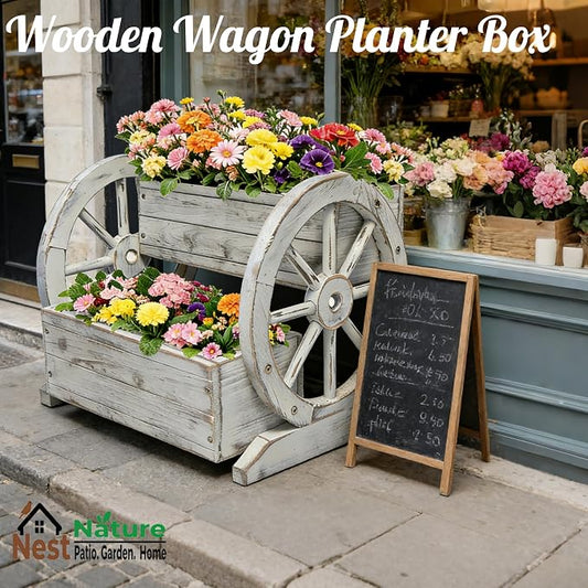 NestNature Wooden Wagon Planter Box|Raised Garden Bed W/Wheels for Plants | 2 Tier Classic Rustic Flower Pot Use Indoor&Outdoor Decor On Patio,Porch,Garden-Outdoor Planter For Flowers,Herbs,Vegetables