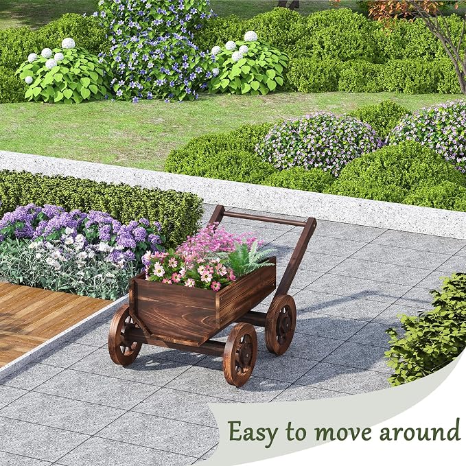 Wooden Flower Cart with Wheels Wooden Wagon Planter Trolley Decoration Succulent Flower Pot, Outdoor Garden Planter Decor Planter for Patio Balcony Indoor Backyard Balcon Decor Cart(Small)