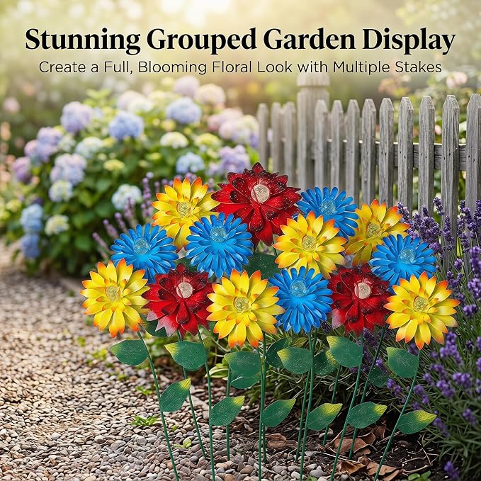 14 Inch Glow in The Dark Flower Garden Stakes, 3 Pack Colorful Metal Yard Decor with Luminous Beads, Outdoor Night Glow Garden Stakes for Lawn, Patio & Flower Beds