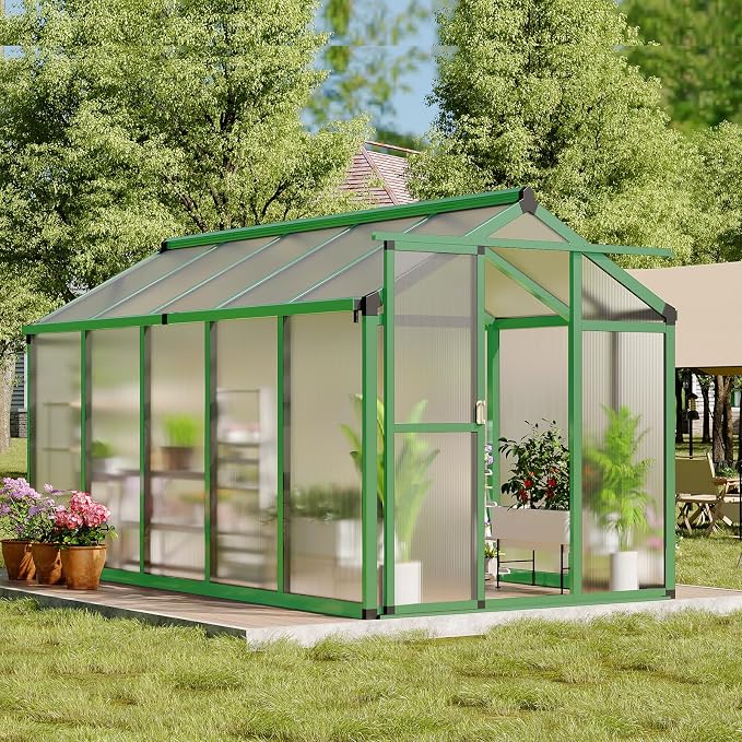 Garvee 6 X 10 Greenhouse, Greenhouses for Outside, Polycarbonate Greenhouse with Aluminum Frame, Lockable Door and Ajustable Roof Vent for Backyard, Green Houses for Outside Garden Backyard, Patio