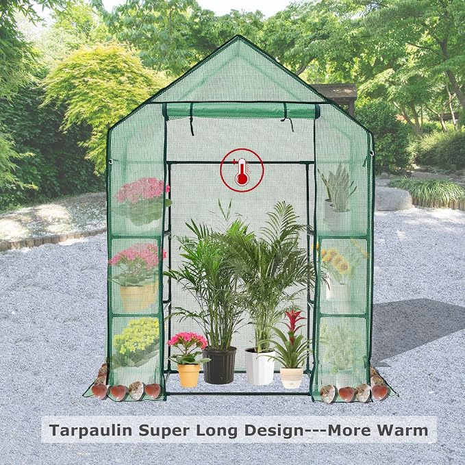 Purlyu Walk-in Greenhouse for Outdoors w/ Mesh Side Windows, 3 Tiers 6 Shelves PE Cover Green House Portable Warm House for Seedling Flowers Growing 20 Pcs T-Type Plant Tags Include (GHW001G)
