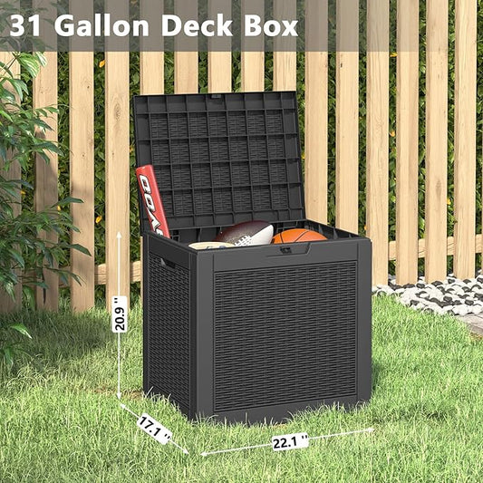 LHBGO 31 Gallon Deck Box, Resin Outdoor Storage Box, Waterproof and UV Resistant Deck Box, Lightweight Storage Box for Garden Tools, Pool Supplies