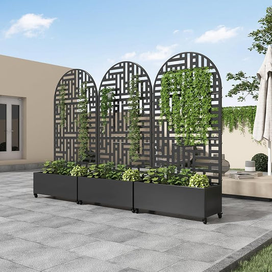 Casaphoria Metal Raised Garden Bed with Trellis and Wheels, 72"x35"x16" Arched Planter Box for Climbing Plants, Vegetables & Vines, Features Drainage Holes and Privacy Screen (Black-Helen)