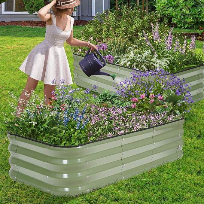 1MORE Raised Garden Bed -4X2X1 Galvanized Planter Box for Outdoor Gardening,3 in 1 Modular Raised Bed Kit with Protective Tape, Gloves for Herb,Ideal for Vegetables and Plants.Green-1Pack