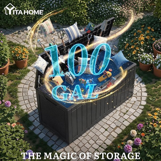 YITAHOME 100 Gallon Large Outdoor Storage Box | Water Resistant Resin Deck Box w/Silver Decorative PVC Trim Pane, Lockable Rattan Storage Container for Patio, Garden