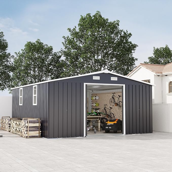 KEIKI 10' x 12' Metal Garden Storage Shed with Foundation Kit, Double Door Outdoor Tool Shed with 2 Windows, Color Steel Construction, Dark Gray
