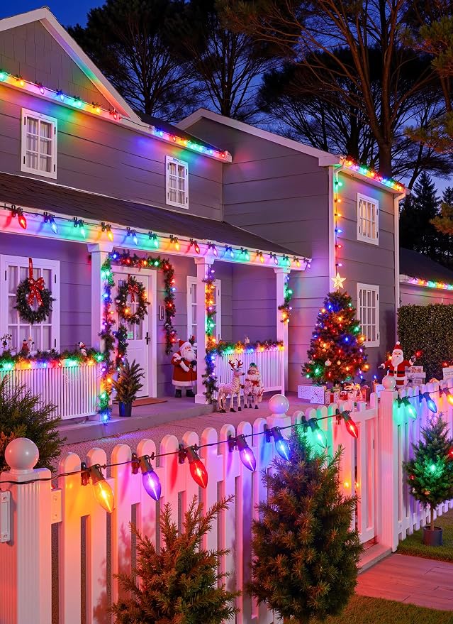 Vintage C9 LED Christmas Lights Outdoor, 100 Ft C9 String with 100 Shatterproof Colorful Bulbs, Waterproof Connectable Christmas Tree Lights for Roofline Holiday Garden Party Xmas Decorations