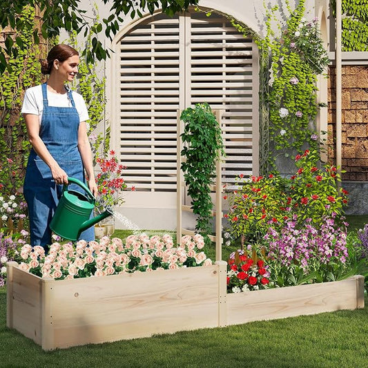 Giantex Wooden Raised Garden Bed with Trellis & 2 Planter Boxes, Raised Bed for Vegetables Flowers Vine Fruits Herbs Gardening Planting, Outdoor Garden Box for Patio Backyard Lawn