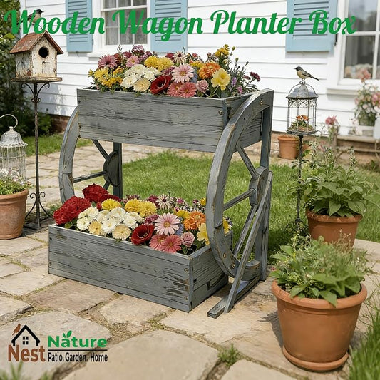 NestNature Wooden Wagon Planter Box|Rustic Planter Use On Indoor&Outdoor | 2-Tier Medium Solid Wood Planter-Flower Pot Use On Patio,Porch,Garden-Raised Garden Bed For Succulents, Herbs, Vegetables