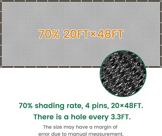 Shade Cloth, 20FT X 48FT 70% Black Outdoor Woven Sun Shade with Grommets, Durable Breathable Netting Shading Antifreezing for Patio, Garden, DIY Home, Plants Cover, Greenhouse, Dog Kennel
