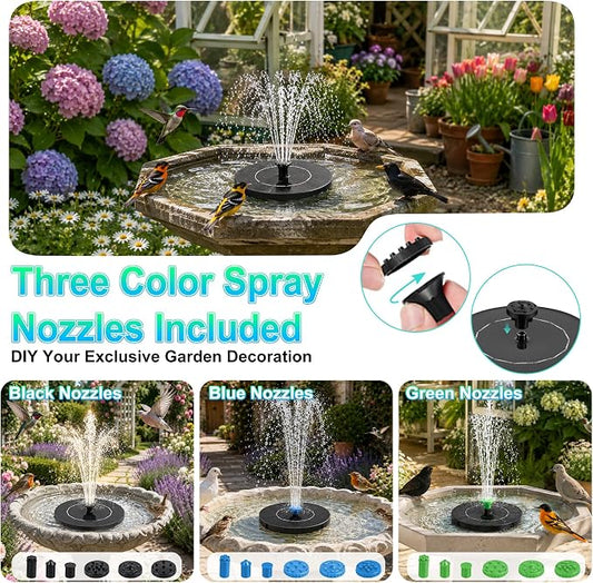 3.5W Solar Fountain Pump, Solar Bird Bath Fountain with 6 Green & 6 Black & 6 Blue Nozzles, Solar Water Pump for Outdoor Garden Patio Small Pond Fish Tank Landscape Decoration