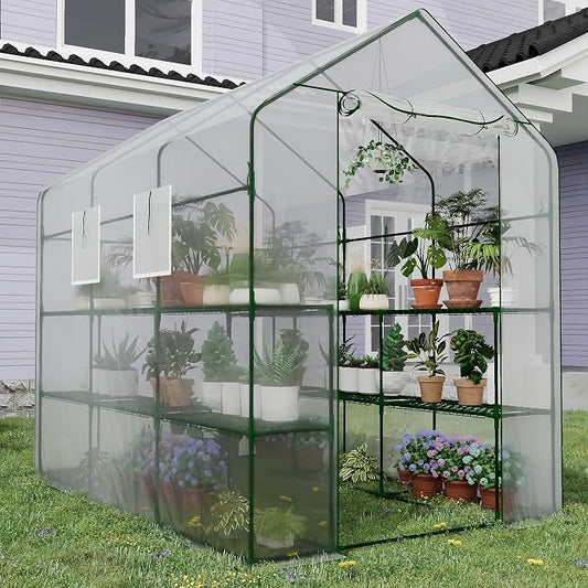 Greenhouse, 57 x 85 x 77'' Greenhouses for Outdoors, with Mesh Side Windows, PE Cover, 8 Shelves, Heavy Duty Walk in Green House for Backyard Garden Indoor, White& Green Outside