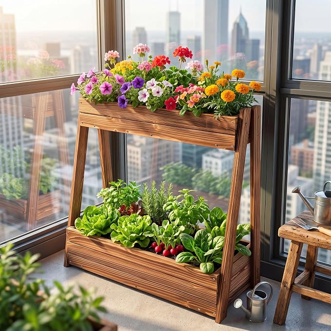 36" 2-Tier Freestanding Elevated Wooden Raised Garden Bed | Tiered fir wood planter with 23" vertical space, drainage holes, liner, and no-bend height for herbs, veggies, or flowers