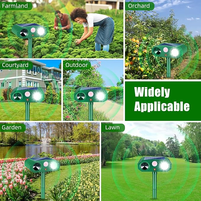 4 Pack Solar Ultrasonic Animal Repeller Outdoor,Deer Repellent Outdoor & Cat Deterrent Outdoor, Effective Against Birds, Cats, Squirrels, Deer,Coyote, Raccoons,Rabbit Wild Animal Deterrent for Garden