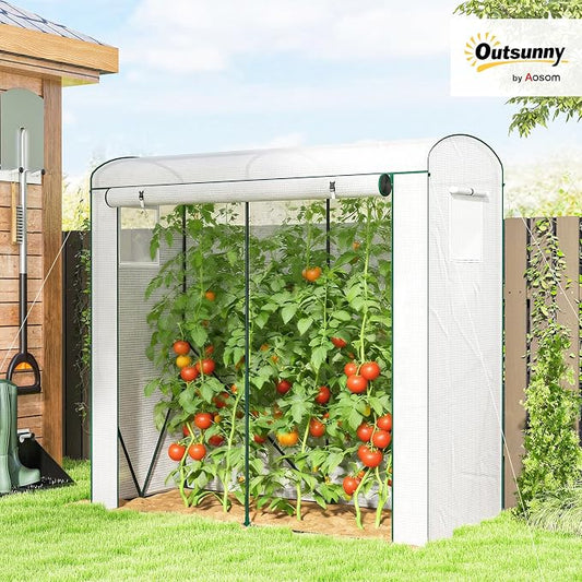 Outsunny Mini Greenhouse, Portable Greenhouse with Roll-Up Door and 2 Mesh Windows, Small Green House with PE Cover for Garden Patio Lawn, 78.7" x 29.5" x 74", White