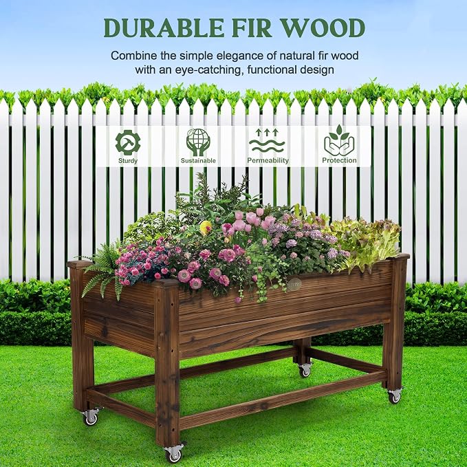 OIPRTGFJ Cedar Wood Outdoor Raised Garden Bed Planter Box with Locking Wheels, 41x21x20 inch, Carbonization Color