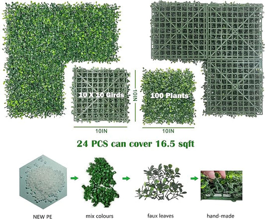 Bybeton 24pk 10"x10" Fake Boxwood Greenery Backdrop Privacy Fence Screen | 24pk Dense 3D Fake Boxwood for Privacy. Odorless & SGS Certified. Easy DIY Snap-Lock. For Fence, Balcony & Backdrop.