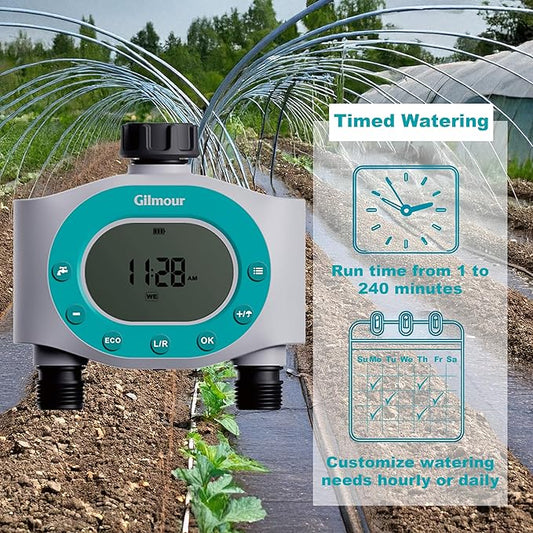 Gilmour Dual Outlet Water Timer for Garden Hose, Programmable Automatic Watering System, LCD Screen, Rain Delay, Battery Operated