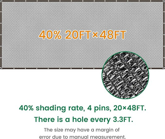 Shade Cloth, 20FT X 48FT 40% Black Outdoor Woven Sun Shade with Grommets, Durable Breathable Netting Shading Antifreezing for Patio, Garden, DIY Home, Plants Cover, Greenhouse, Dog Kennel