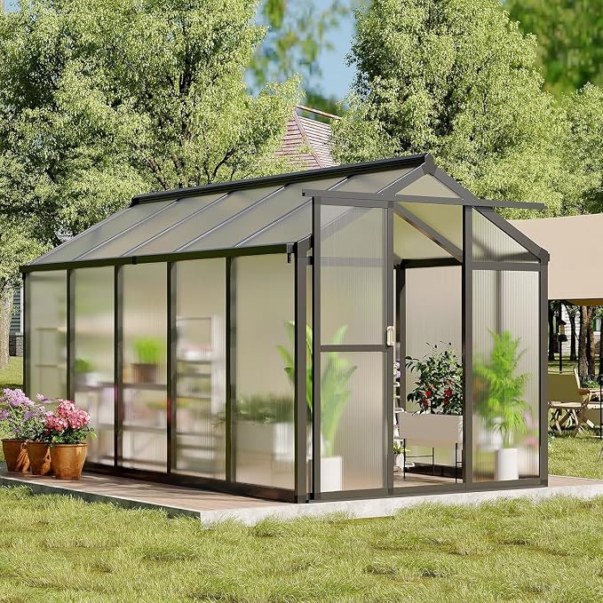 6 x 8 ft Greenhouse, Greenhouses for Outside, Polycarbonate Greenhouse with Aluminum Frame, Lockable Door and Ajustable Roof Vent for Backyard, Green Houses for Outside Garden Backyard, Patio