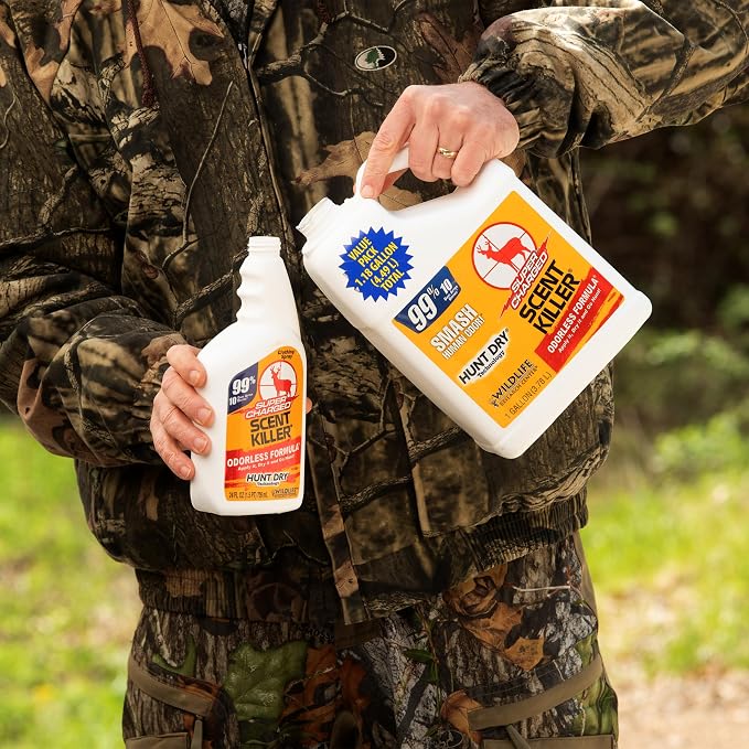 Wildlife Research Center Super Charged Scent Killer Spray & Refill – Odor Eliminator for Hunting – Works After Drying – Scent Control for Clothes & Gear – Hunting Spray (Gallon Combo)