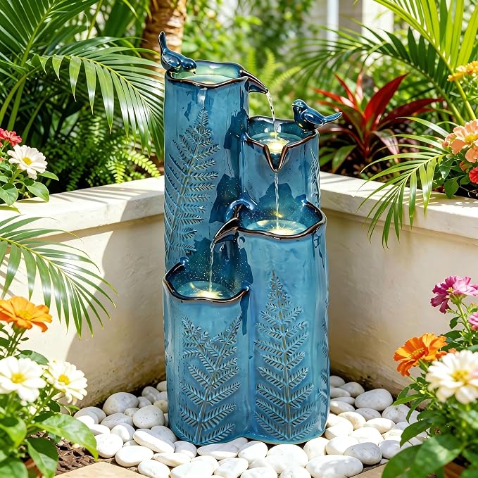 Autodaya 32" H 4-Tier Vase Ceramic Outdoor Water Fountain with LED Lights | Cascading Waterfall with Turquoise Glaze, Fern Pattern-Texture, Upgraded Pump, Bird Water Feature for Garden Patio Yard Porch