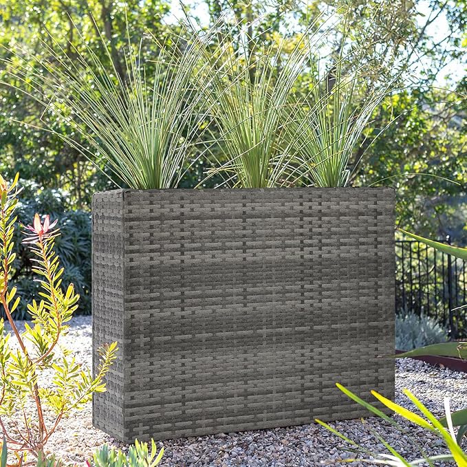 LEWIS&WAYNE Tall Planters for Outdoor Wicker Large Rectangular Block Box | All-Weather, Handmade PE Rattan, Removable Liner, Indoor Outdoor, Patio Porch Garden, Modern Design