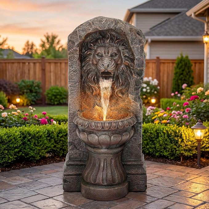 30" Lion Head Outdoor Water Fountain LED Stone Cascading Waterfall | faux granite stone texture, European courtyard, patio yard,Deck Floor Garden Decor