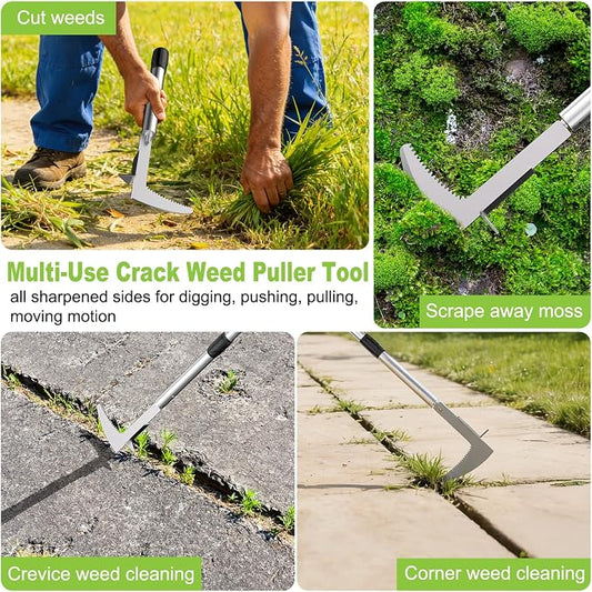 Crack Weeder Crevice Weeding Tool with 22'' to 64'' Adjustable Long Handle | Stainless Steel, L-Shaped Manual Weed Puller Spatula, Weed Remover Gardening Tool for Sidewalks Driveways Patio Pavers Rocks