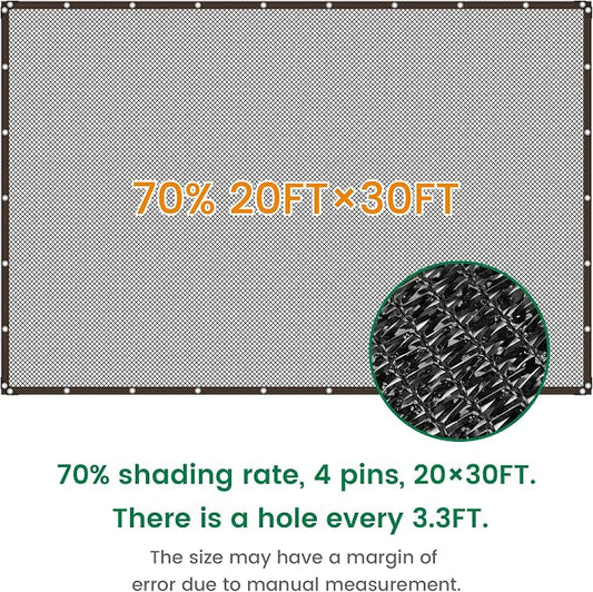 Shade Cloth, 20FT X 30FT 70% Black Outdoor Woven Sun Shade with Grommets, Durable Breathable Netting Shading Antifreezing for Patio, Garden, DIY Home, Plants Cover, Greenhouse, Dog Kennel