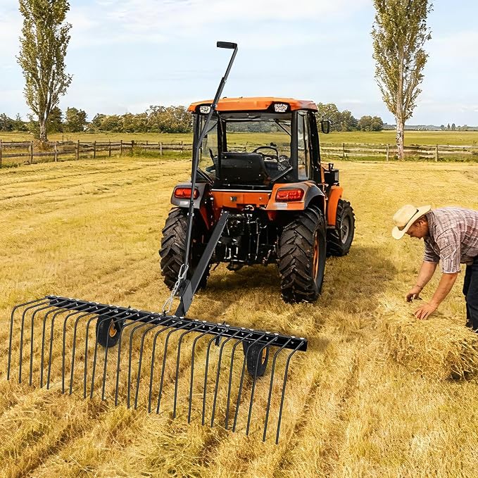 Garvee 60'' Tow Behind Lawn Dethatcher,24 Durable Spring Steel Tines Lawn Dethatcher, Tow Behind Steel Pine Straw Rake Designed to Lawn and Garden Tractors, Black