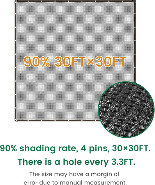 Shade Cloth, 30FT X 30FT 90% Black Outdoor Woven Sun Shade with Grommets, Durable Breathable Netting Shading Antifreezing for Patio, Garden, DIY Home, Plants Cover, Greenhouse, Dog Kennel