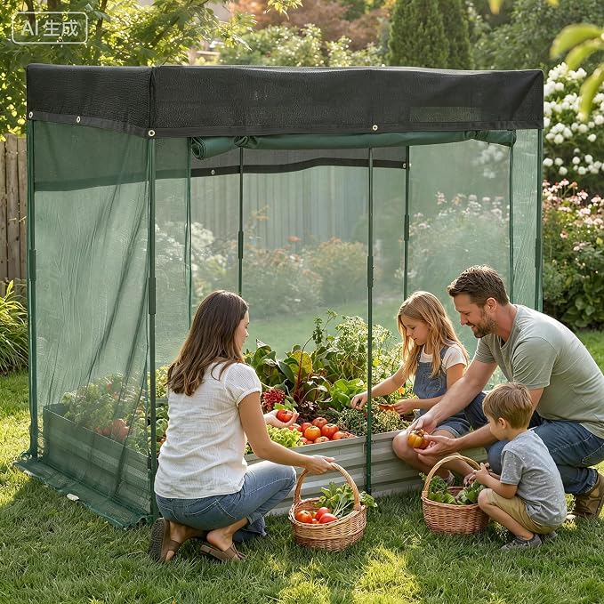 8x4x1Ft Galvanized Raised Garden Bed Kit w/Self Watering Irrigation & Mesh Cover, Metal Bottomless Raised Planter Box for Veggies Herbs Flowers, Rustproof Elevated Garden Bed Backyard Patio Farm