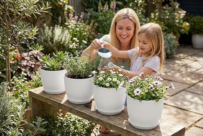 8 Inch Plant Pots Set of 4, Plastic Planters with Drainage Holes and Tray, Flower Pots for Indoor Outdoor Plants and Flowers (White)