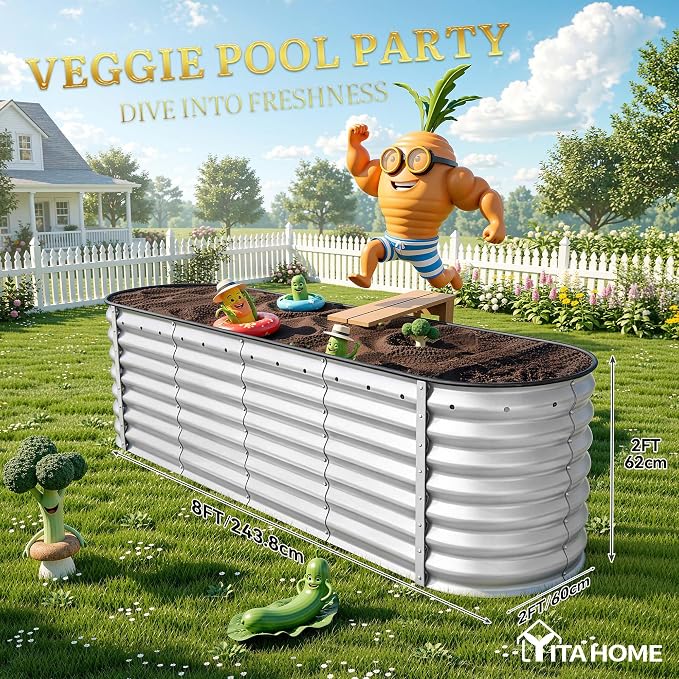 YITAHOME 2pcs 8x2x2ft Galvanized Oval Raised Garden Bed, Metal Planter Box with Safety Rubber, Gloves, Outdoor Flower Bed for Planting Plants Vegetables, Silver