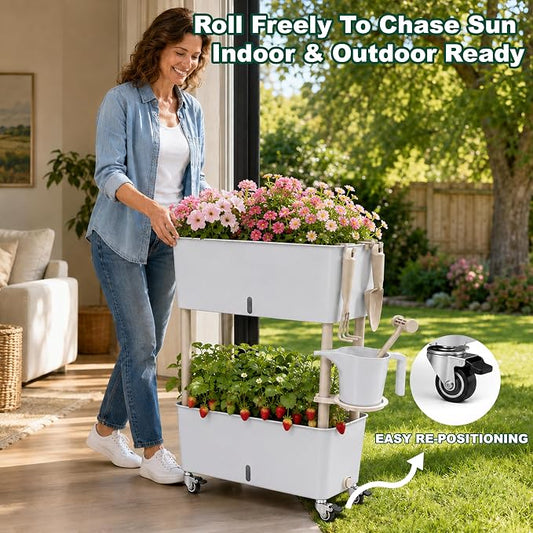 2-Tier 27.8"H Rolling Raised Garden Bed with Wheels, Self Watering Planter Box with Visible Water Level, Gray Rustproof Plastic Herb & Strawberry Planter for Indoor Outdoor Vegetables Flowers, DIY Kit