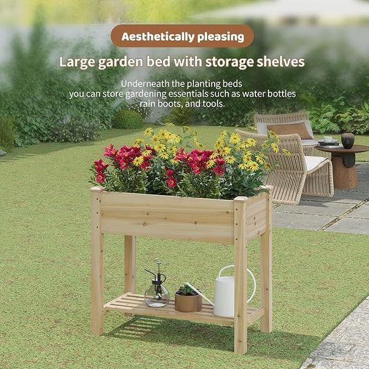 Raised Garden Bed with Legs Elevated Wooden Planter Box Stand Large Planter Stand Box for Fruits Vegetables Flowers with Divider with Bag - 34x18x30.5IN