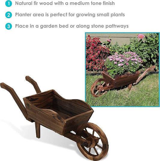 Sunnydaze Outdoor Wooden Decorative Wheelbarrow Planter - for Indoor or Outdoor Use - 35" W x 10.25" D x 12" H - Brown