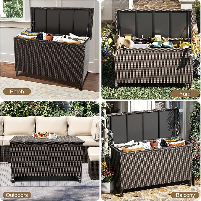 Wicker Deck Box, 125 Gallon All-Weather Outdoor Storage Box, Rattan Storage Bin for Patio Furniture, Outdoor Cushions, Pool Storage and Garden Tools, Brown