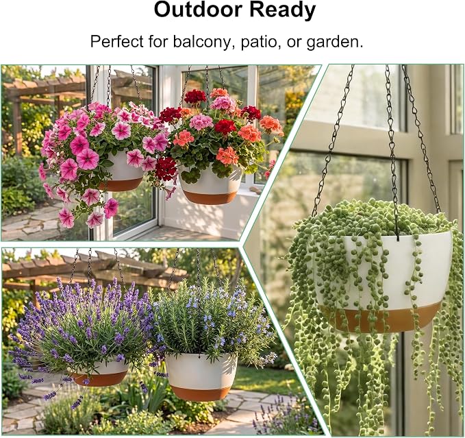 FUSHITON 3 Pack Hanging Planters for Indoor & Outdoor Plants, 10+10+8 Inch Self-Watering Pots with 2 Types of Hangers, Removable Saucer and Drainage Holes for Garden Home Decor - White