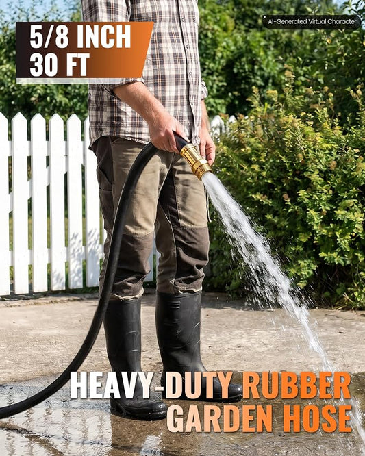 Heavy Duty Rubber Garden Hose 30FT x 5/8", Flexible Water Hose with 360° Swivel Brass Fittings, 300 PSI Working, 1000 PSI Burst, All Weather Outdoor Hose for Irrigation, Black B30GH06