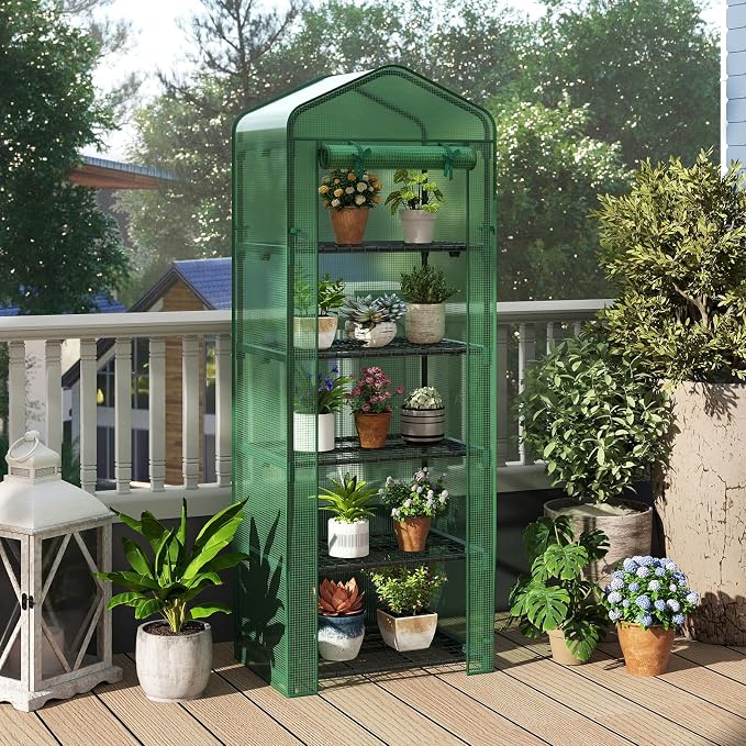 Giantex Mini Greenhouse Indoor Outdoor, 27" x 19" x 75" Portable Plant Grow House with 5 Tier Shelves, PE Cover, Roll-Up Zipper Door, Rustproof Elector-Coating Metal Frame for Patio Balcony Garden