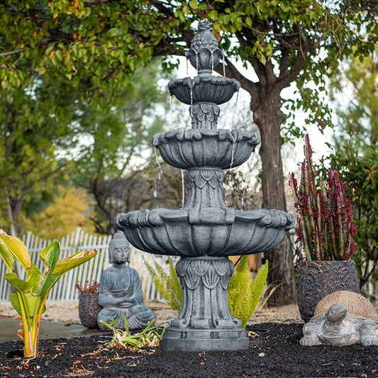 XBrand 58.3" 3-Tier Outdoor Freestanding Water Fountain - Classic Leaf Design, Light Gray Resin, Large Bird Bath with Pump - Ideal for Yard, Lawn and Garden, Porch Décor