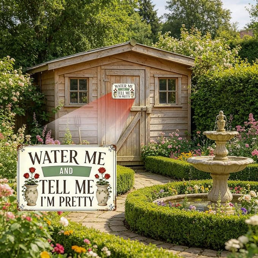 Funny Garden Metal Signs, Vintage Outdoor Wall Decor 8x12 Inch | Water Me & Tell Me I'm Pretty, Weatherproof Aluminum Sign for Patio Yard Greenhouse, Gift For Gardeners