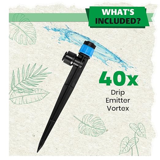 Bonviee 40-Pack 1/4-Inch Quick-Connect Adjustable Drip Emitters, Vortex | Push-to-connect stakes provide adjustable 360-degree watering for pots, lawns, vegetable beds, and garden layouts.