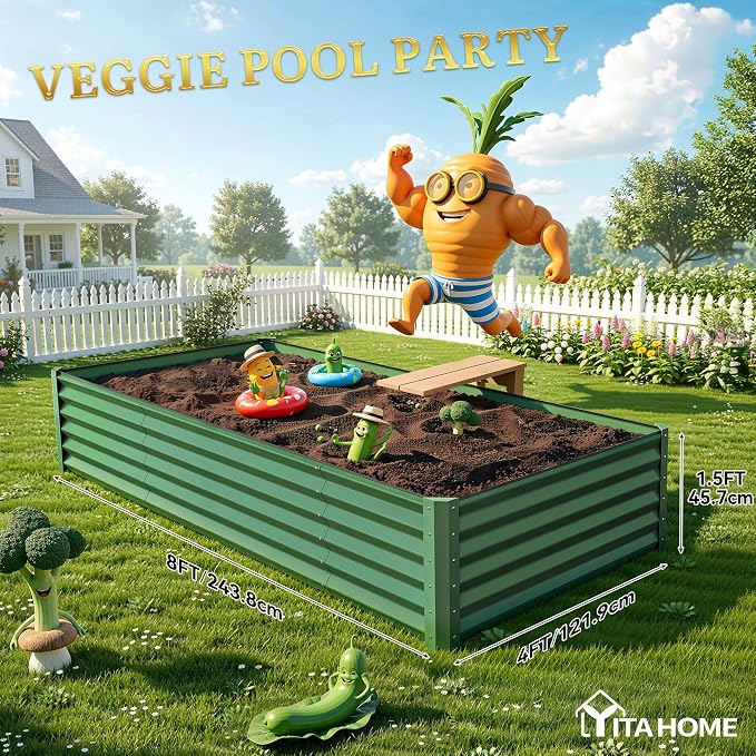 YITAHOME 8x4x1.5ft Galvanized Raised Garden Bed, Metal Planter Box with Safety Rubber, Gloves, Outdoor Flower Bed for Planting Plants Vegetables, Green