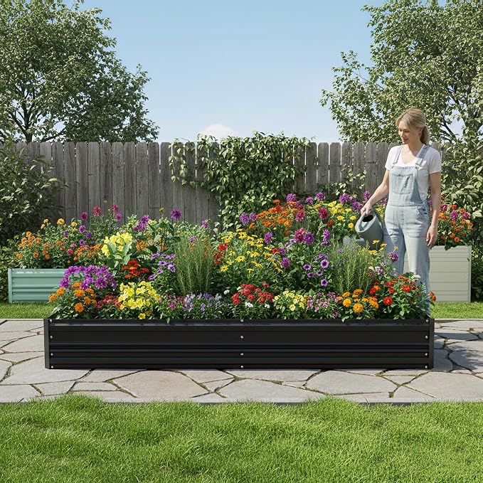 WORKPRO 2PK 7.5x4x1ft Outdoor Galvanized Raised Garden Bed, Rust-Resistant Planter Raised Beds for Vegetable, Flowers, Herbs, Black