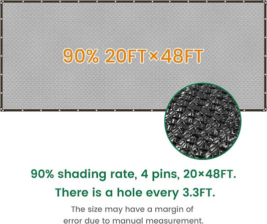 Shade Cloth, 20FT X 48FT 90% Black Outdoor Woven Sun Shade with Grommets, Durable Breathable Netting Shading Antifreezing for Patio, Garden, DIY Home, Plants Cover, Greenhouse, Dog Kennel