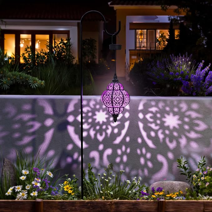 Hapjoy Hanging Solar Lights Outdoor Garden Decor Solar Lantern Waterproof Plastic Moroccan Outdoor Decorations for Patio Pathway Yard Backyard Garden Decorative (1, Purple)