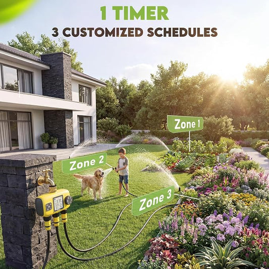 3 Zone Sprinkler Timer for Garden Hose,Garden Hose Timer with Brass Inlet,Programmable Automatic&Manual Irrigation System with LCD Display for Yard/Lawn/Pool,Rain Delay,IPX5 Waterproof